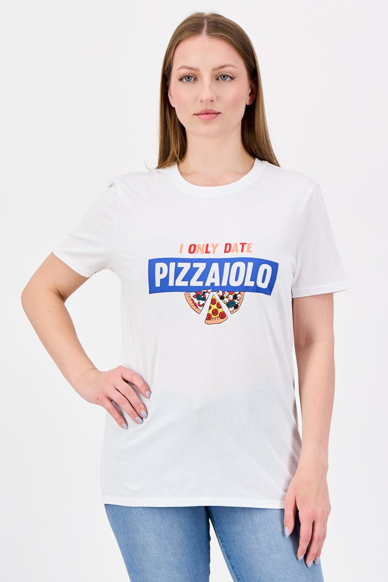 UNDIZ Women Crew Neck Short Sleeve Graphic Print T-shirt, White - Image 1